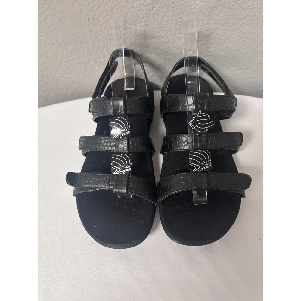 Vionic Womens 7 Amber Sandals Black Croc Embossed Leather Adjustable Orthopedic